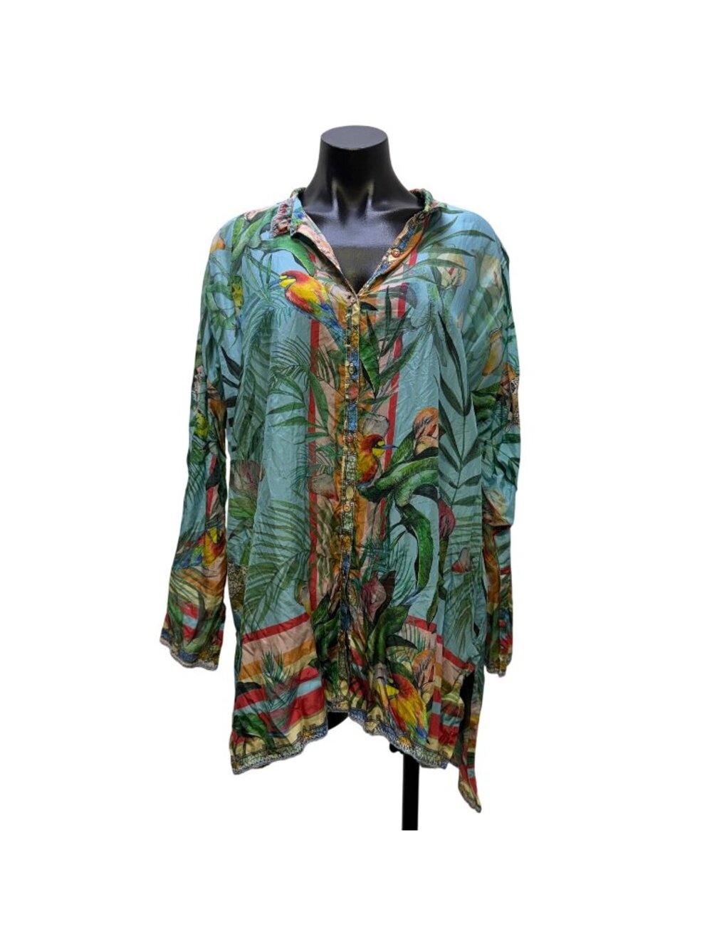 Johnny Was Blue Multi Tropical Print Long Sleeve Button-Up Blouse M